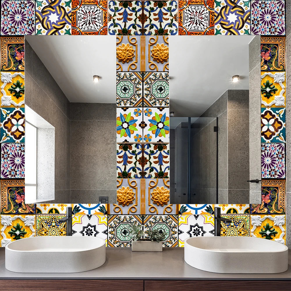 16pcs Retro Moroccan Style Tiles Kitchen Oil-poof & Waterproof Sticker Cupboard Bathroom Home Renovation Peel & Stick Wallpaper