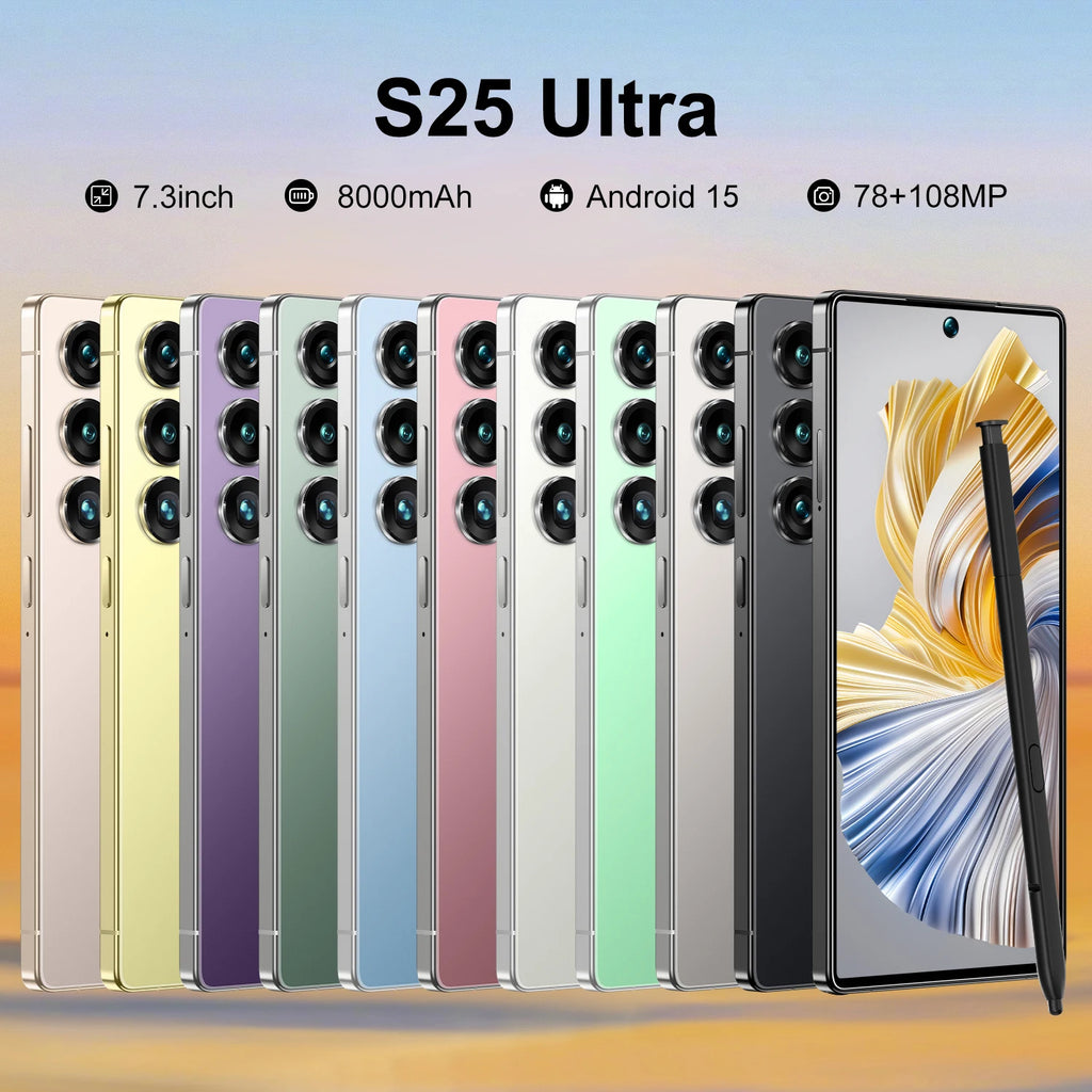 Tidesmit S25 Ultra 5G smartphone with 7.3-inch HD screen, 22GB RAM, 2TB storage, and long-lasting 8000mAh battery.