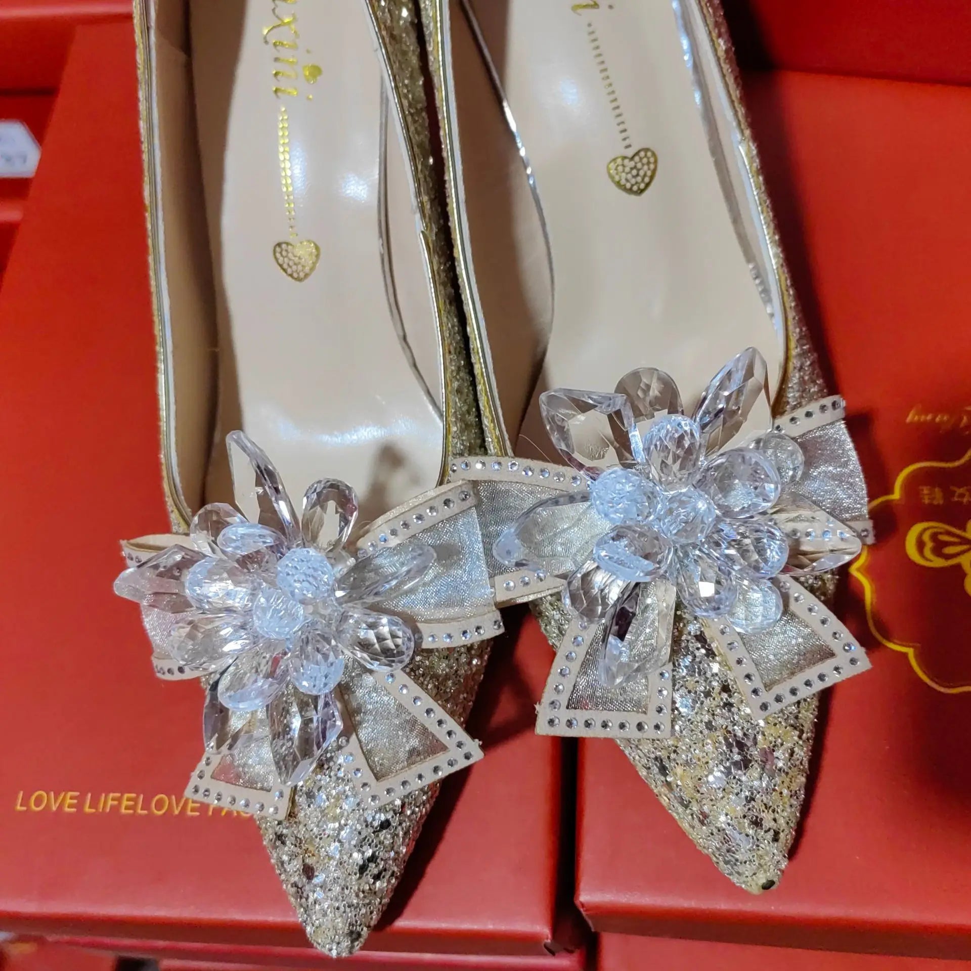 Luxury Shiny Champagne Gold High-heeled Women's Shoes Pointed Toe Designer Heels Ladies Sexy Bridal Wedding Gowns Shoe