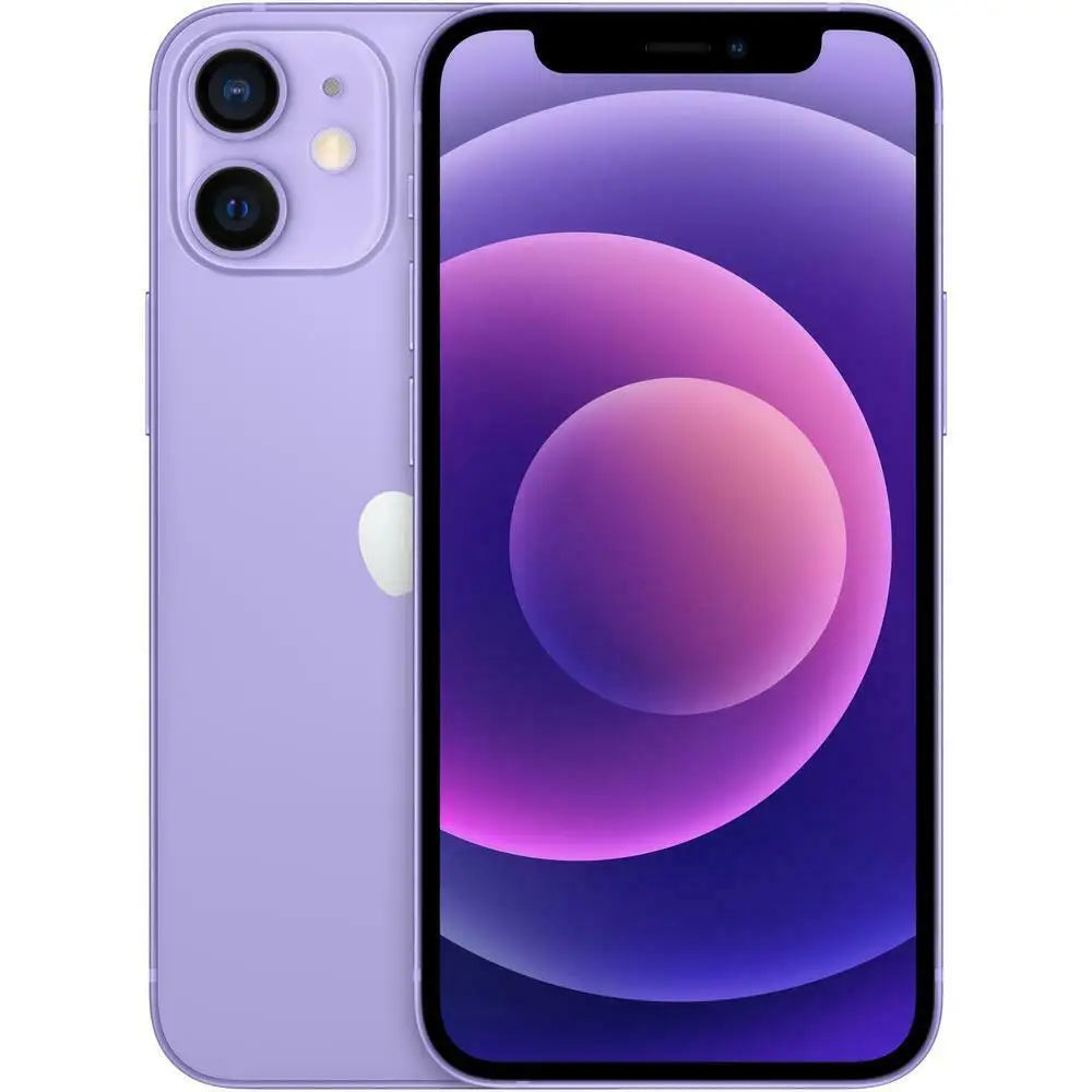 Purple Apple iPhone 12 Mini, 5.4-inch OLED display, dual-camera system, front and back view, 5G unlocked smartphone.