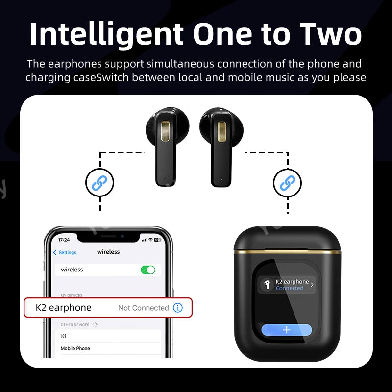 2025 New Design ENC LED Touch Screen True Wireless Earbuds Waterproof Bass Audio Headsets Digital Display Gaming Smart Watch Tidesmit