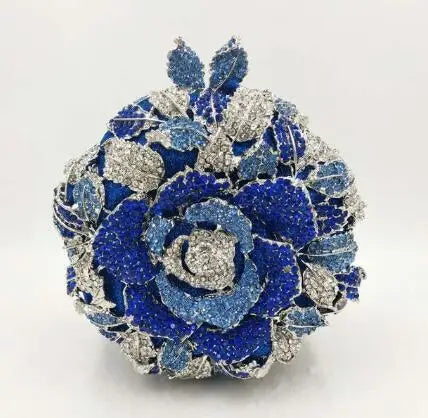 Blue crystal floral designer clutch bag, luxury rhinestone evening handbag for wedding party.