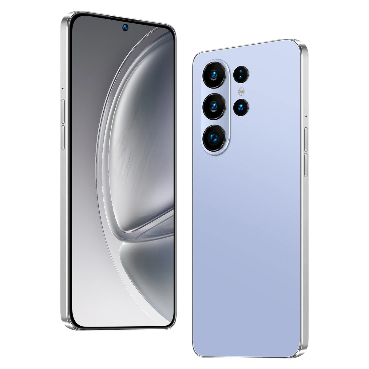 Blue smartphone showing front display and back with quad cameras and flash