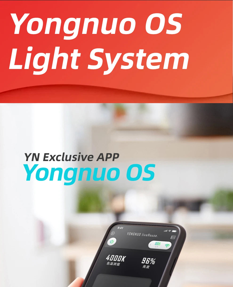 Smartphone screen showing the Yongnuo OS app interface for wireless lighting control, displaying color temperature.