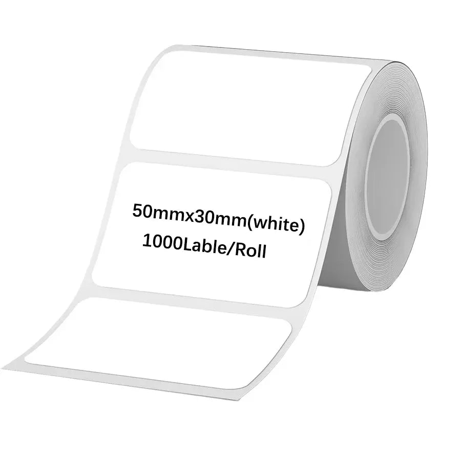 White thermal label sticker roll, blank 50x30mm labels with roll edge view