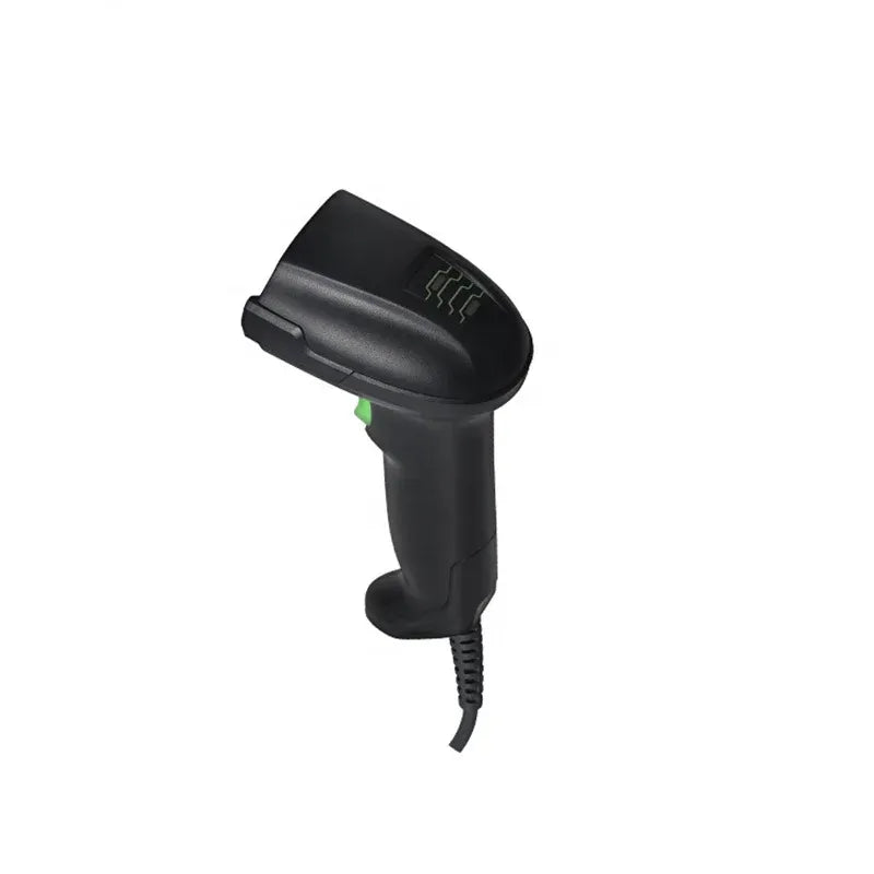 Handheld wireless barcode scanner, black body with green label and wired cable