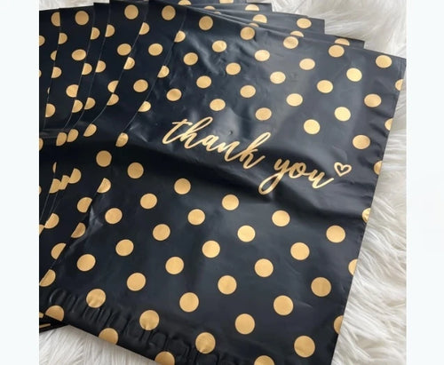 Black poly mailer with gold polka dots and 'thank you' script on the front
