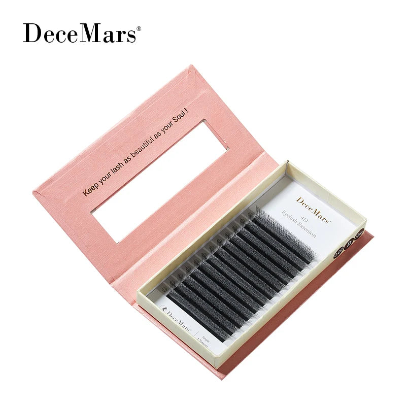 Open pink box containing rows of black 4D W-shaped eyelash extensions with 0.07mm volume, labeled DeceMars.