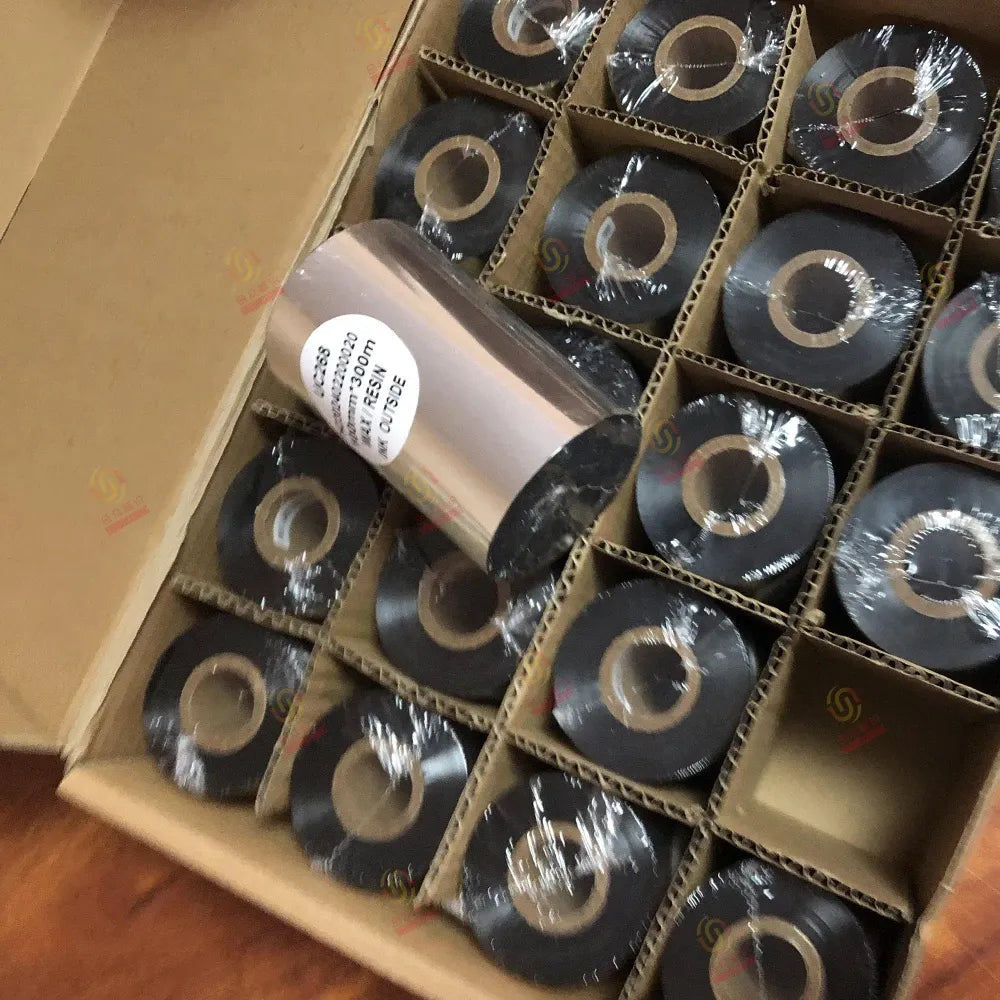 Thermal transfer wax resin ribbon rolls in shipping box, multiple black reels