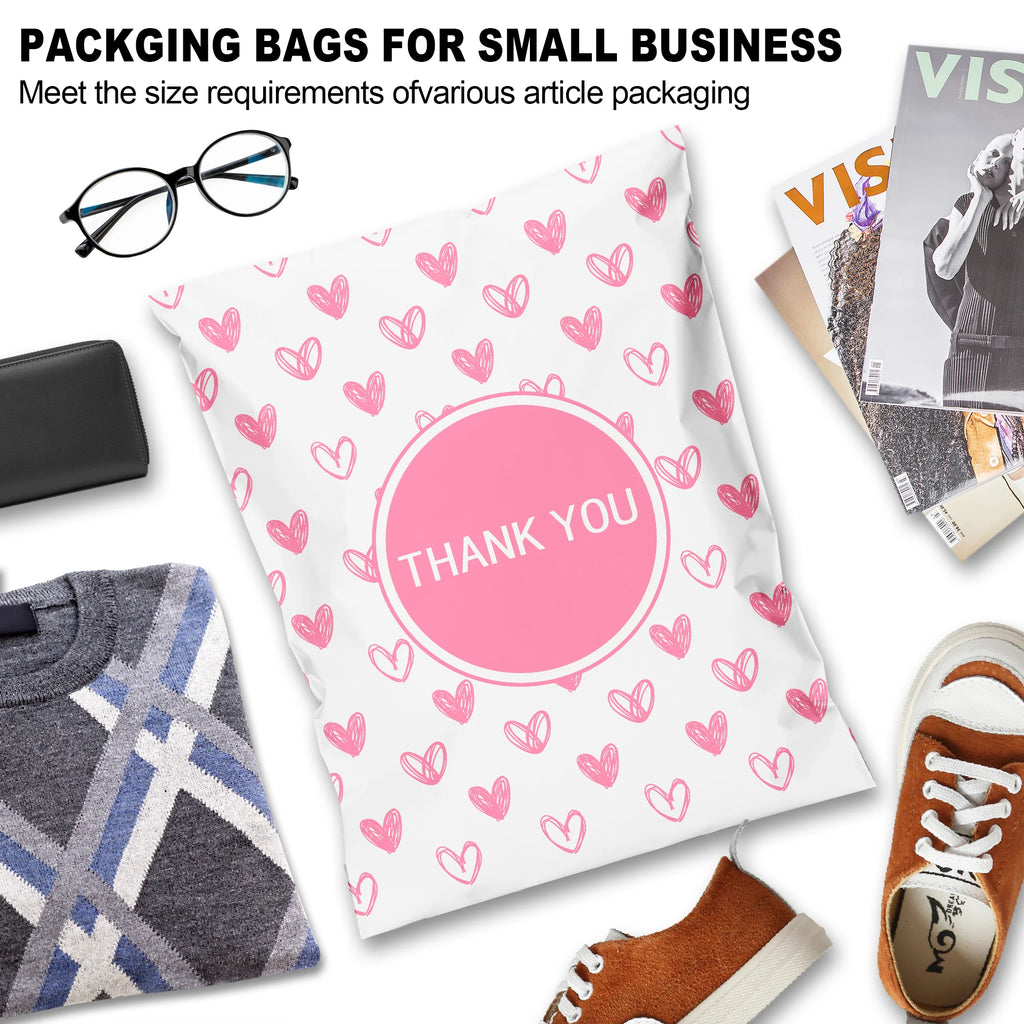 Pink heart-pattern shipping bag with round 'THANK YOU' label, self-seal style