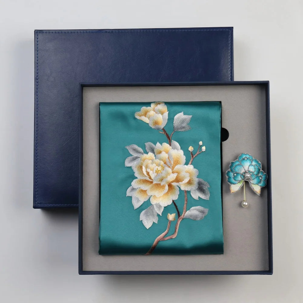 Handmade Su Embroidery Scarf & Stylish Brooch Box Set