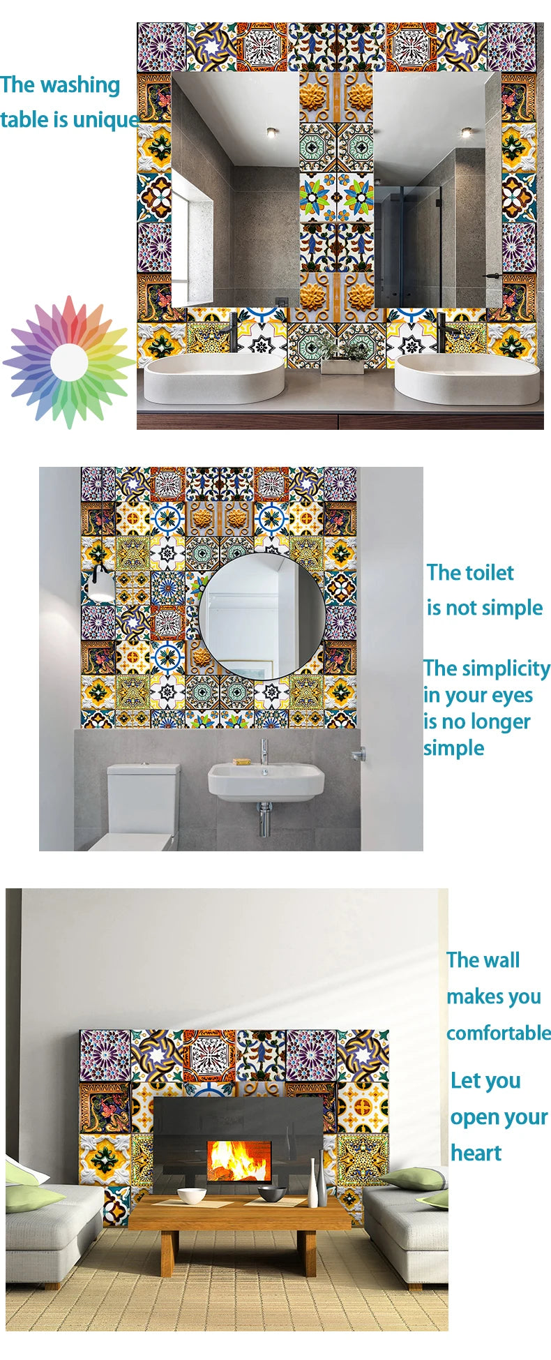 16pcs Retro Moroccan Style Tiles Kitchen Oil-poof & Waterproof Sticker Cupboard Bathroom Home Renovation Peel & Stick Wallpaper