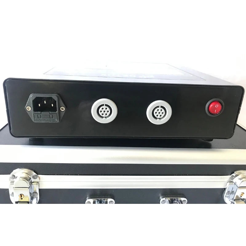 Back panel of dual ionic detox foot spa machine with power input, two array ports, and red power switch on case.