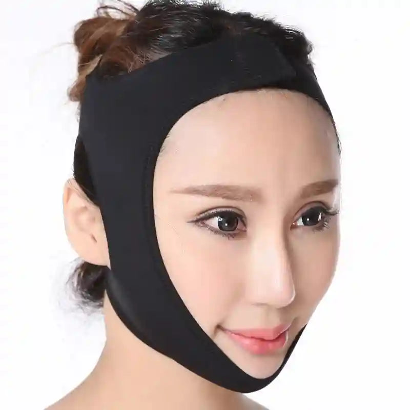 A woman wears a black, elastic V-line face slimming bandage strap that lifts the chin and cheeks.