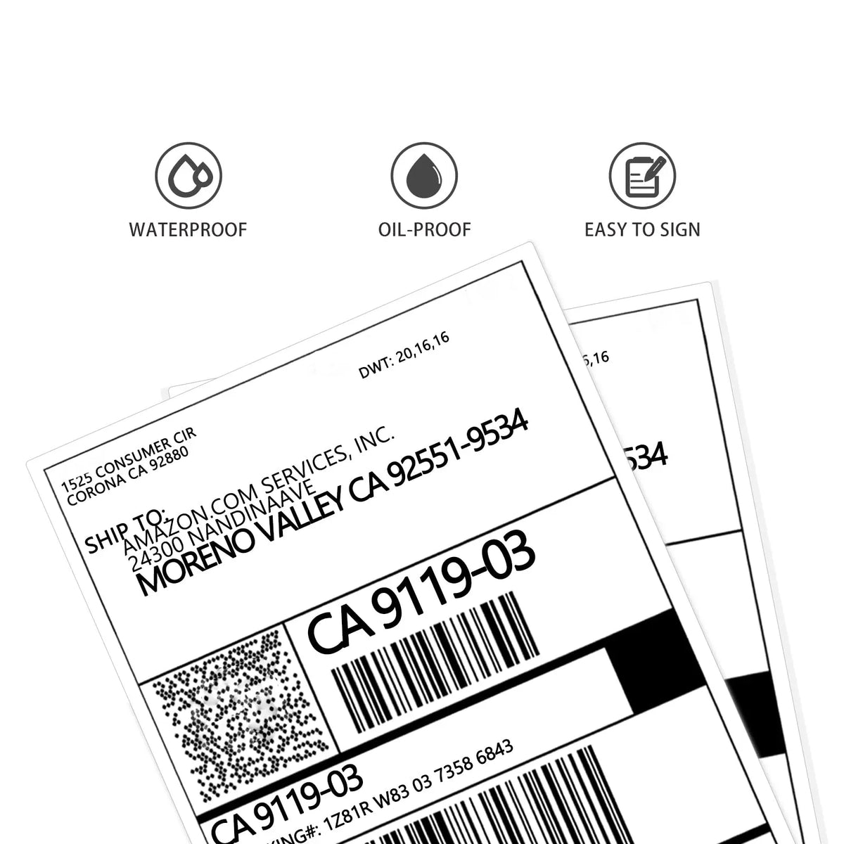 Close-up of 4x6 white direct thermal labels, waterproof and oil-proof icons shown