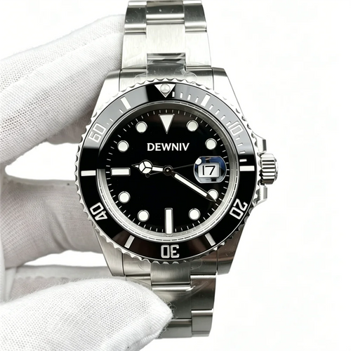 DEWNIV 41mm luxury stainless steel men's automatic diving watch with black dial, ceramic bezel, and date window.