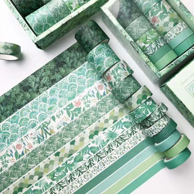 Green washi tape rolls set with leaf patterns, single-sided masking sticker