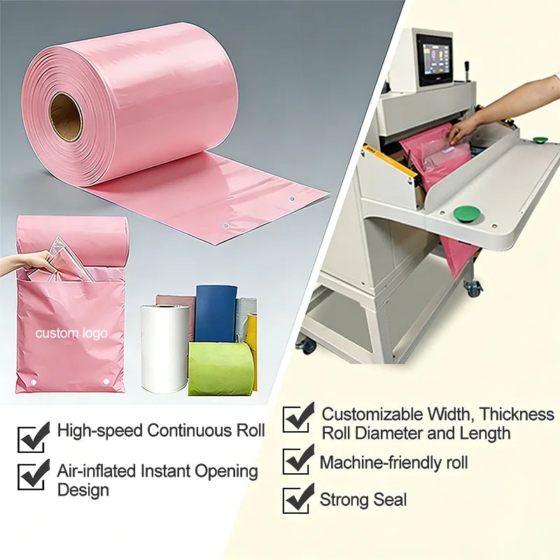 Pink pre-opened automatic packaging bag roll with folded sheet ready for sealing