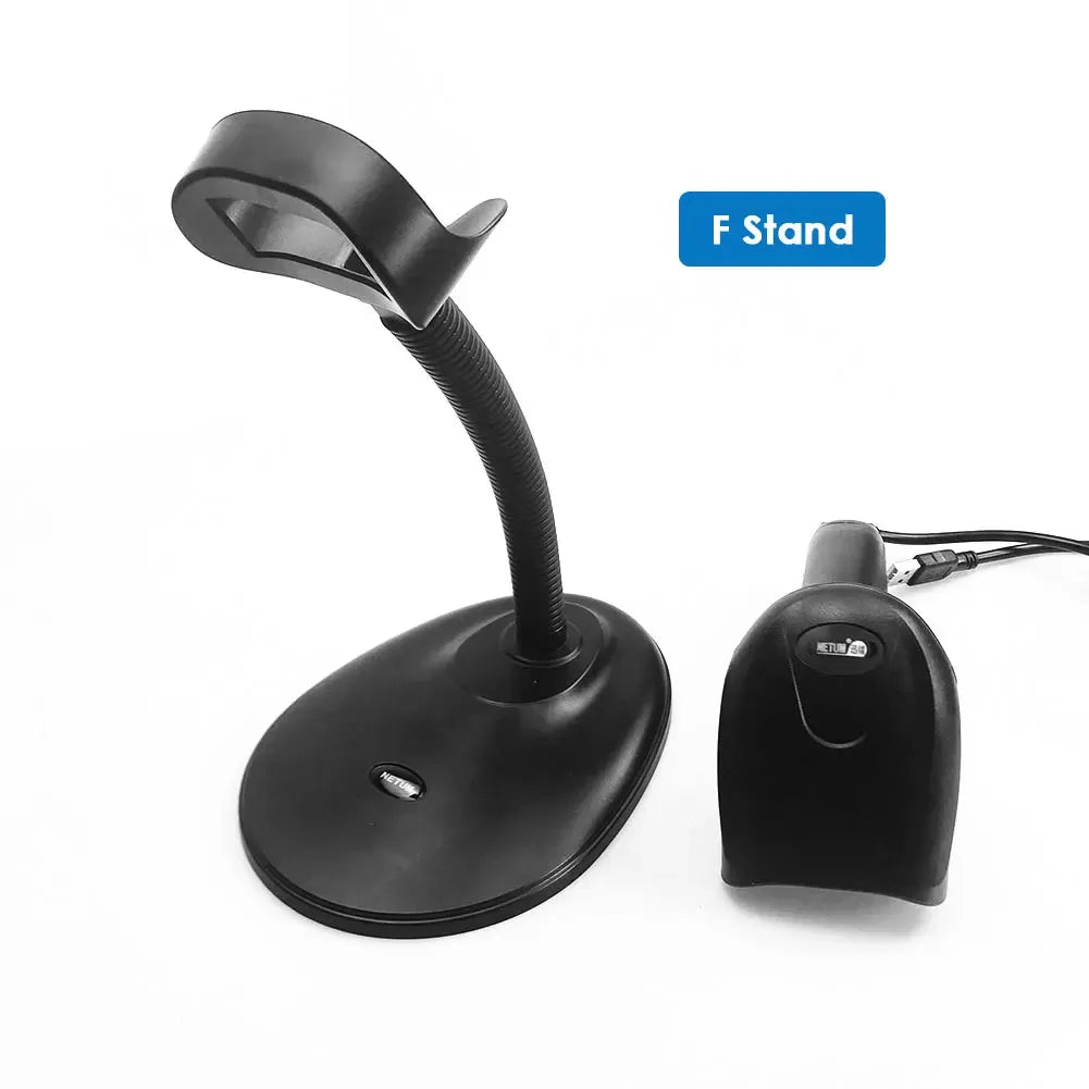 Black handheld barcode scanner with stand base and included cables