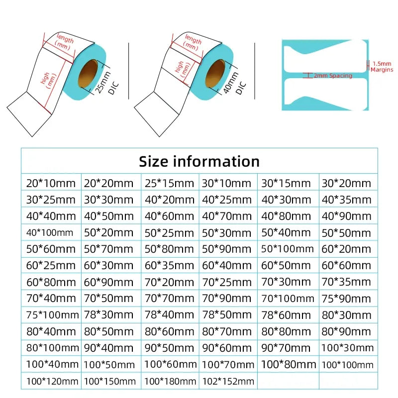 Thermal label roll with blank sticker strip and size dimension callouts