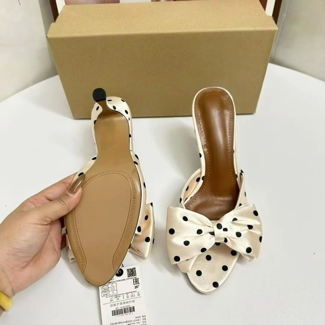 Women Cream Satin Black Polka Dot Big Bow Square Open Toe Slide Mules Rubber Outsole Microfiber Midsole Summer Party Dress High
