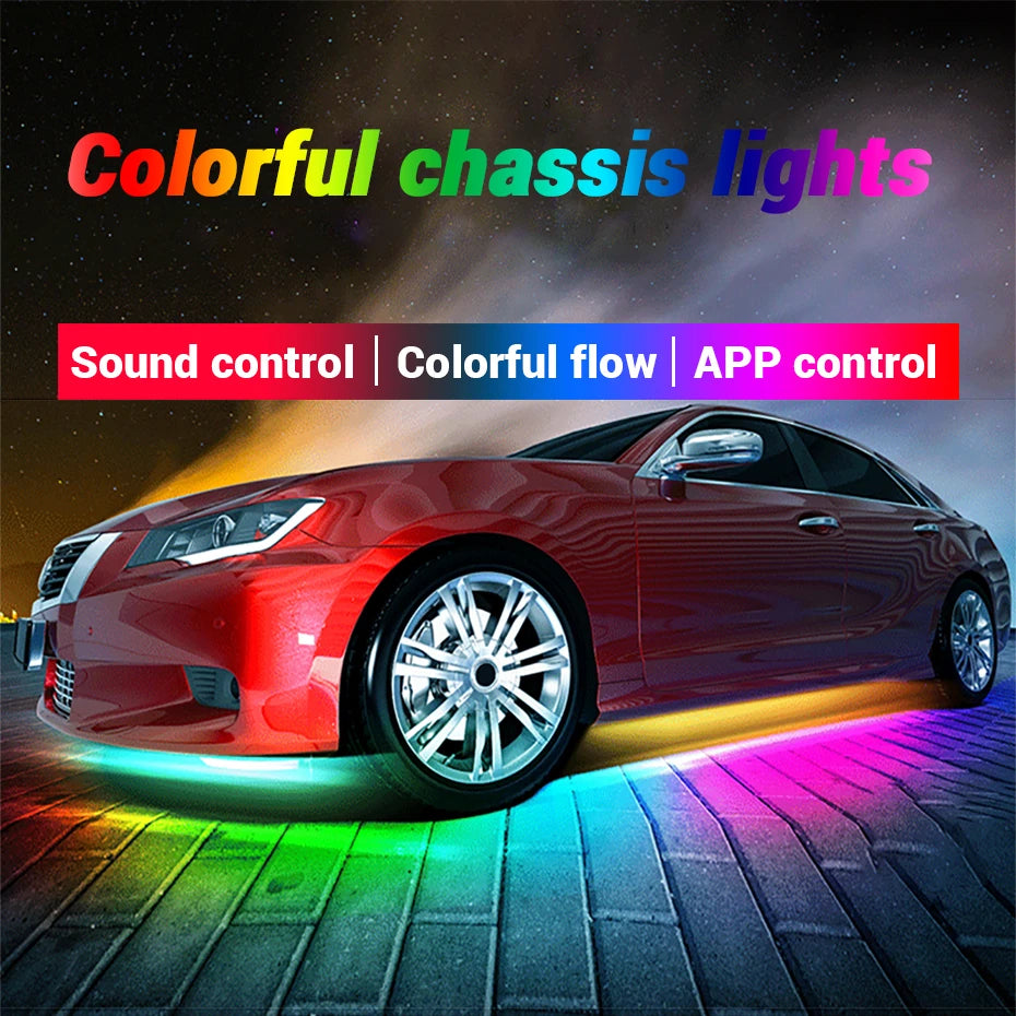 Colorful LED car chassis light strips installed under a red vehicle, featuring sound, app, and flow control.