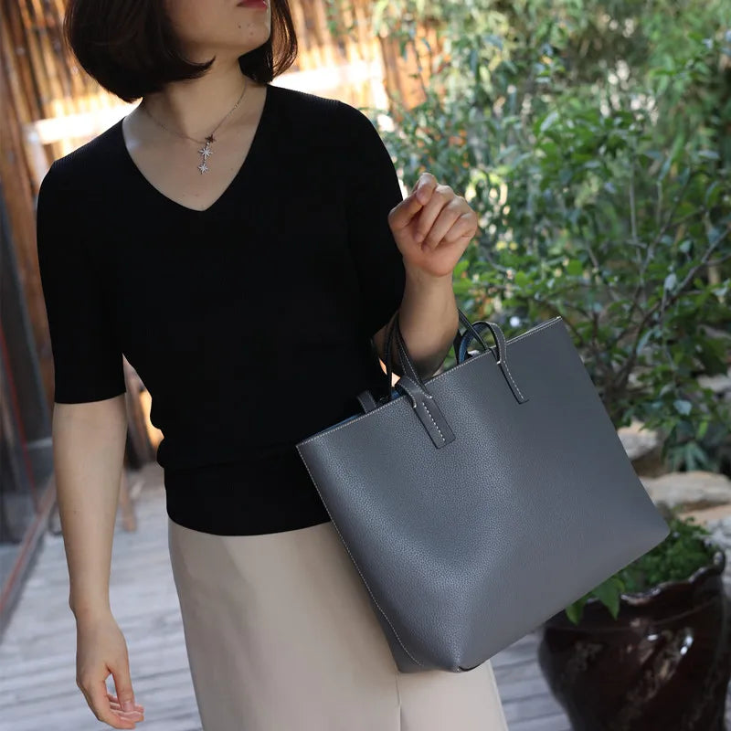 Women Luxury Genuine Leather Tote Soft Cowhide Handbag Two Sides Available Using Shoulder Bags Versatile And Durable