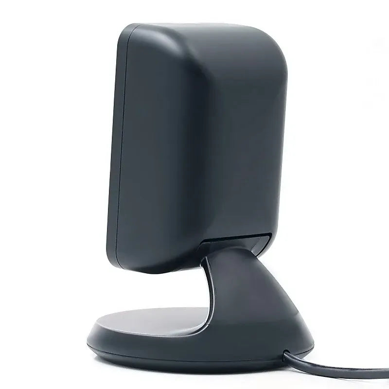Rear view of black desktop barcode scanner with cable exiting from the bottom