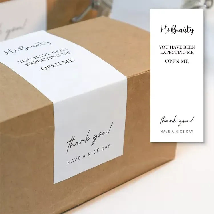 White HiBeauty packaging label sticker reading “You have been expecting me” and “thank you!”.