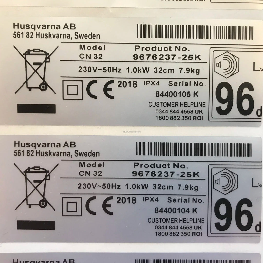 Printed barcode label strips with model text and large '96' number sample