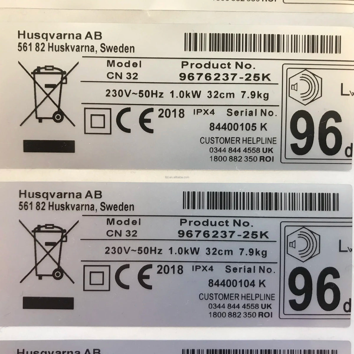 Printed barcode label strips with model text and large '96' number sample