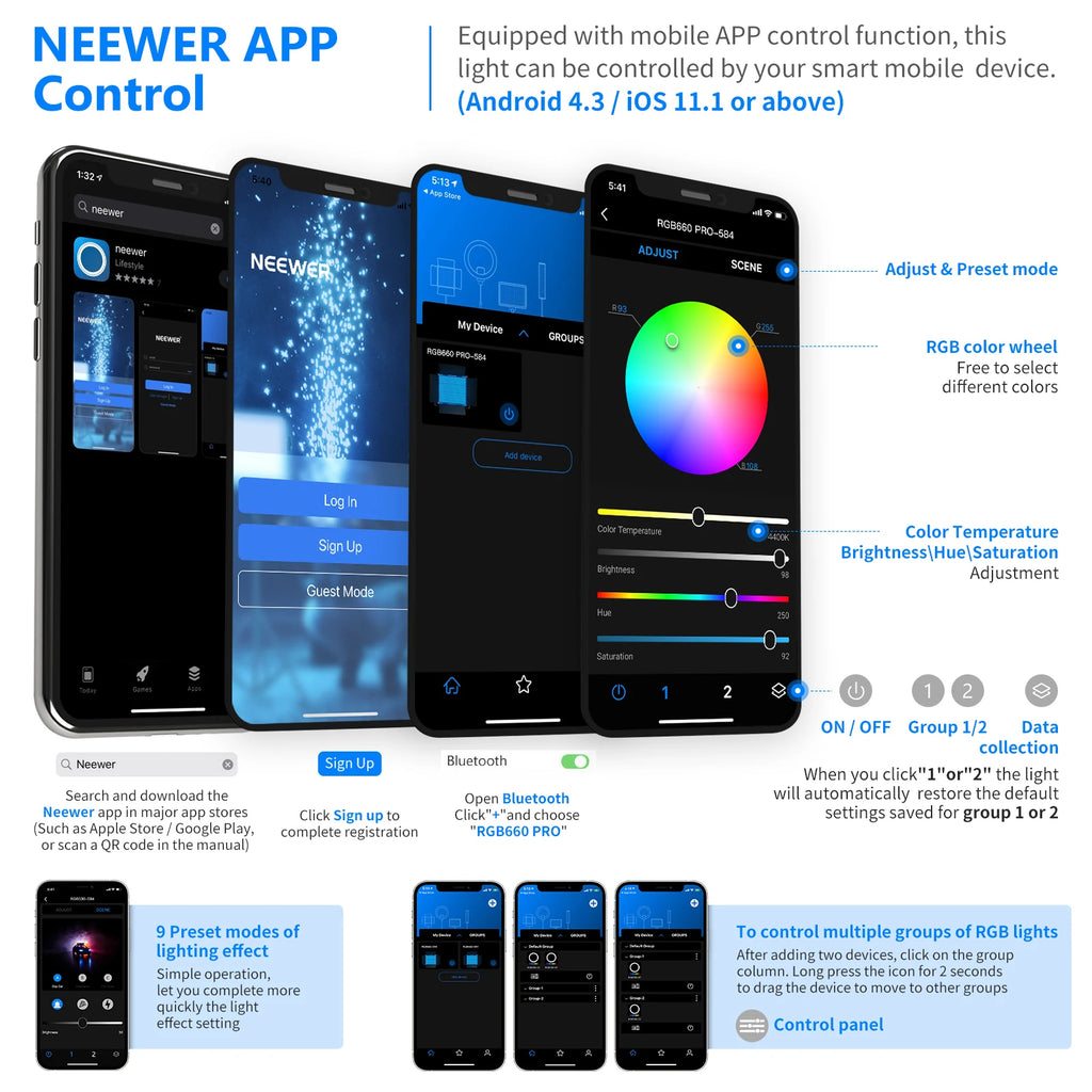 Four smartphones displaying a mobile app interface for adjusting color, brightness, and settings of RGB lighting panels.
