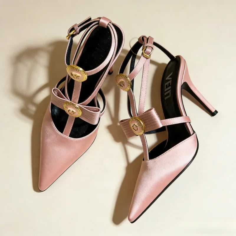 2026 New Women's High Heels Pointed Shallow Mouth Metal Bow Thin Heel Party High-heeled Sandals