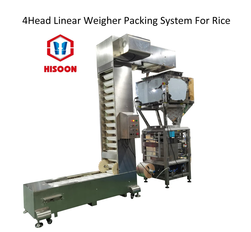 Stainless steel linear weighing and packing system with conveyor and control panel