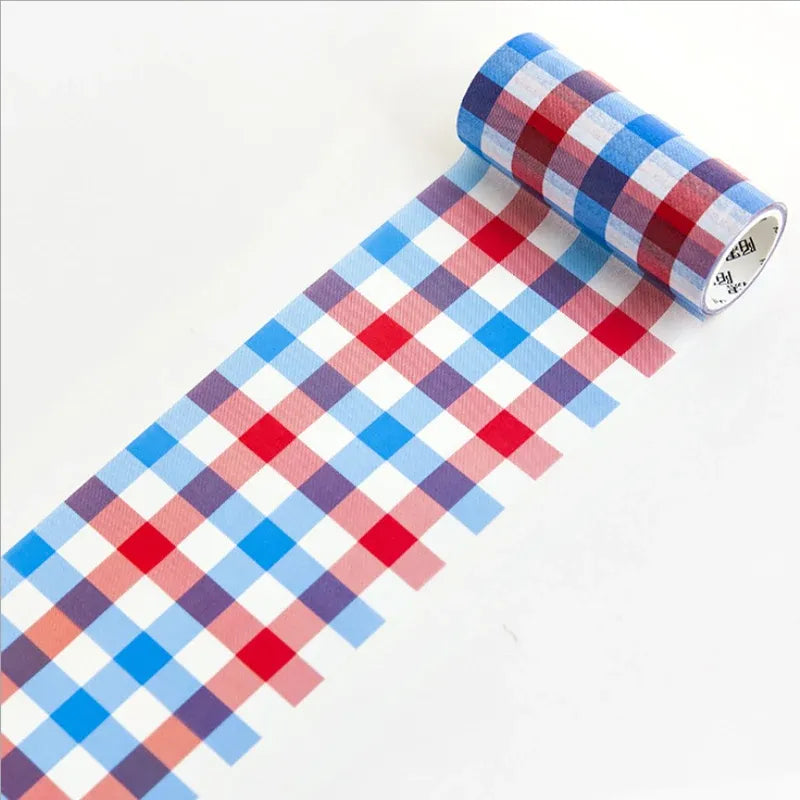 Blue and red checkered decorative masking tape roll with grid pattern
