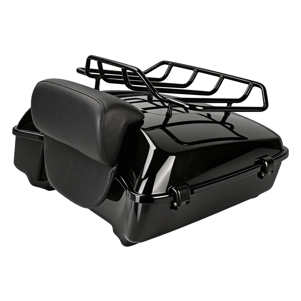 Glossy black motorcycle tour pack with passenger backrest and top luggage rack for Harley Touring 2014-2025 models.