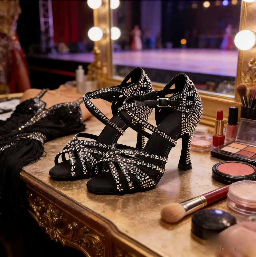 Women Rhinestones Salsa Latin Shoes Cha Cha Satin Dance Shoes Ballroom Swing Party Stage Sandals with Suede Sole for Indoor
