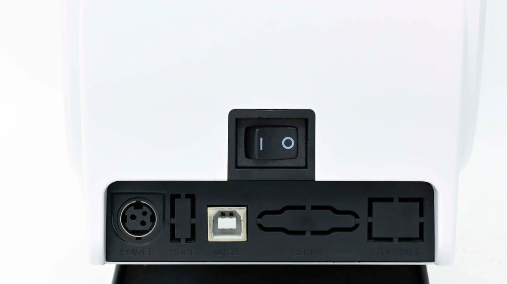 Rear panel of white direct thermal printer with power switch and port connections.
