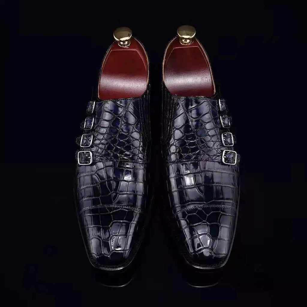 Crocodile Leather Blue Casual Men's Shoes Zapato Goodyear Welt Luxury Loafer Shoes for Men Alligator Monk Strap Office Shoes Men