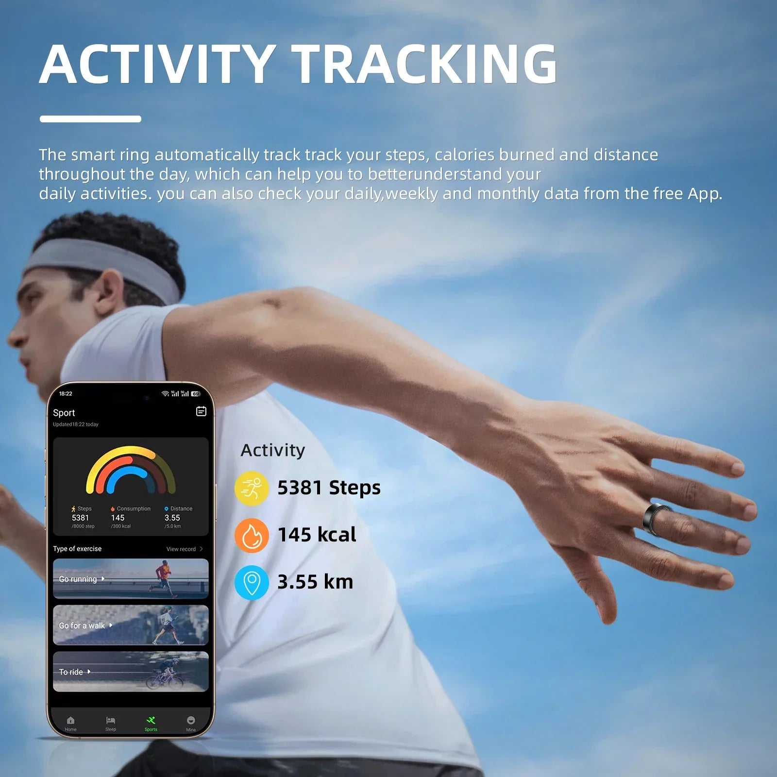 Smart Ring Fitness Tracker with Sleep & Heart Rate Monitoring Waterproof Activity Personalized Coaching Remote Control Function - Tidesmit