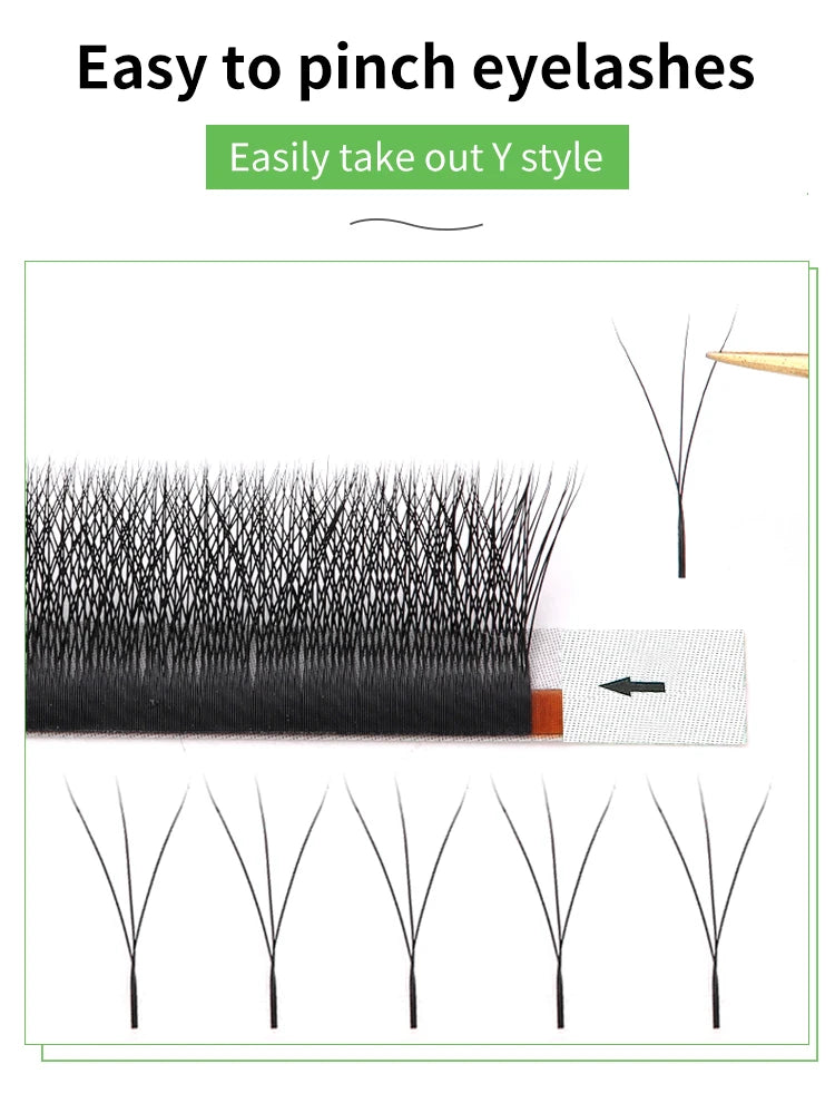 Black 3D Y-shaped soft eyelash extension clusters on a strip, shown being picked up by tweezers.