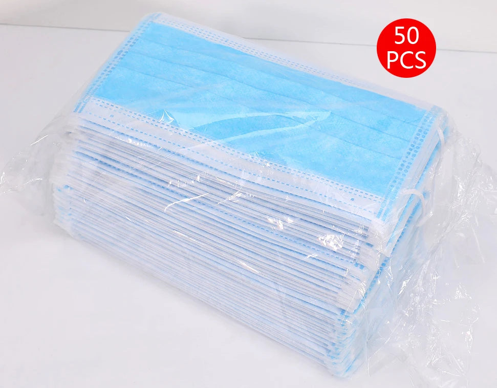 Pack of 50 blue 3-layer disposable non-woven meltblown face masks in clear plastic wrap with elastic ear loops.
