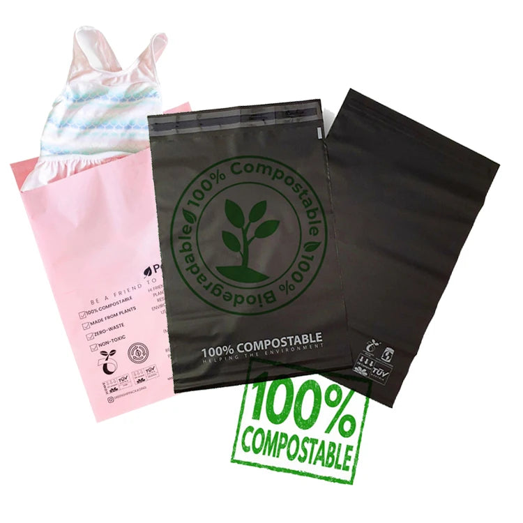 Pack of compostable mailing polybags in pink, clear, and black with badge marks