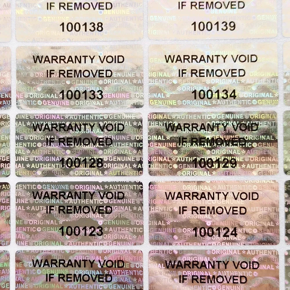 Sheet of holographic warranty void label stickers with barcodes and serial numbers
