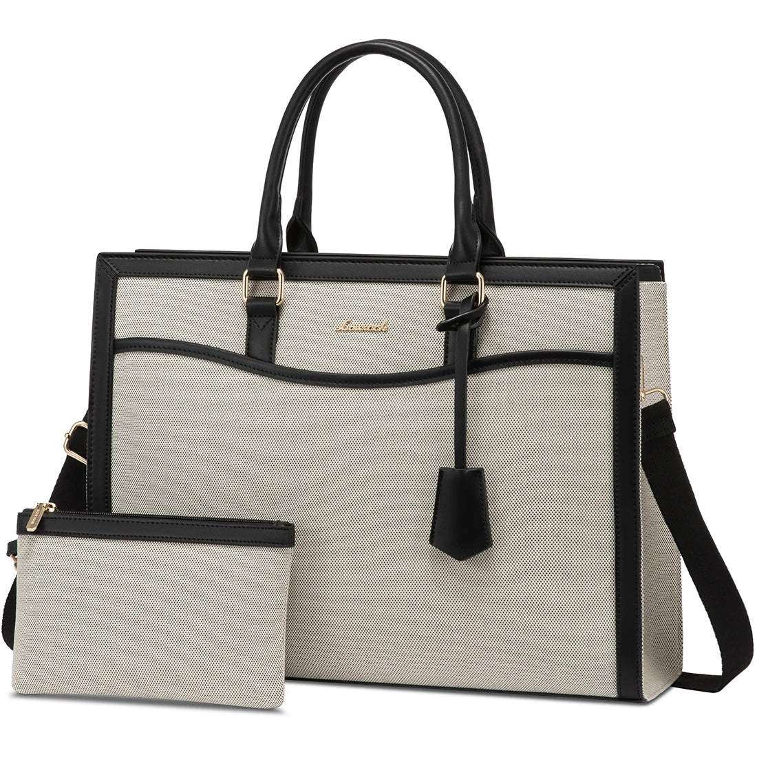 LOVEVOOK beige and black leather laptop tote bag for women with matching wristlet, gold hardware, and structured design.