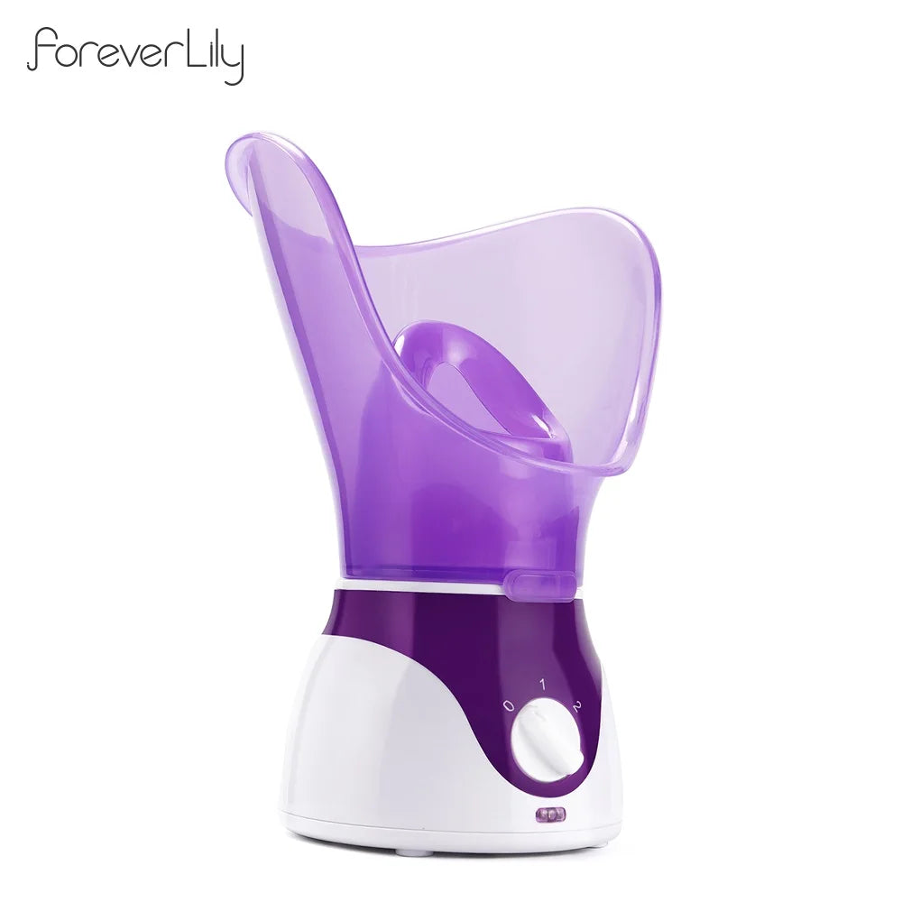 Purple and white portable facial steamer for deep pore cleansing, moisturizing, and home SPA skin care treatment.