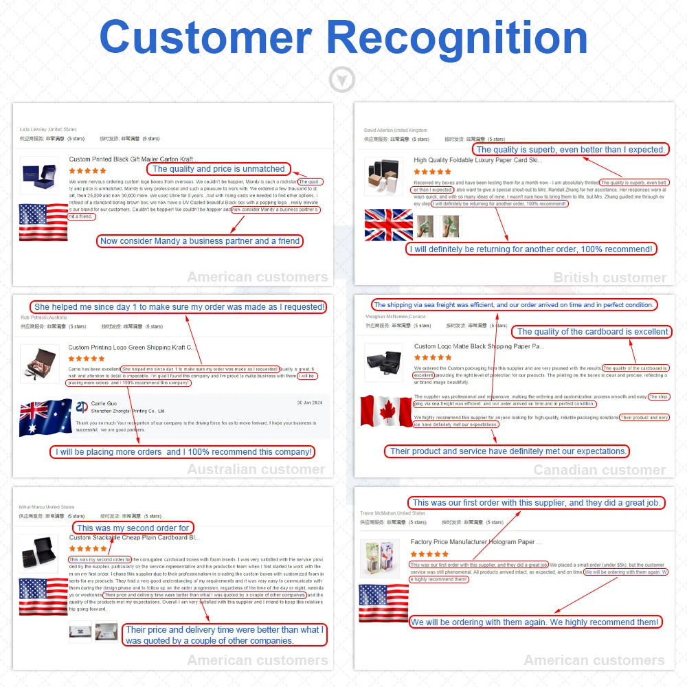 Customer recognition graphic for shipping box mailers carton service with testimonial blocks