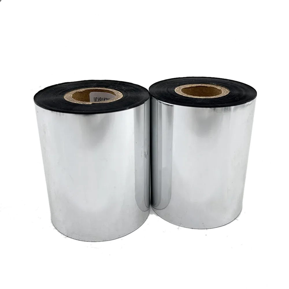 Two waterproof barcode label ribbon rolls with black outer tape and brown cores