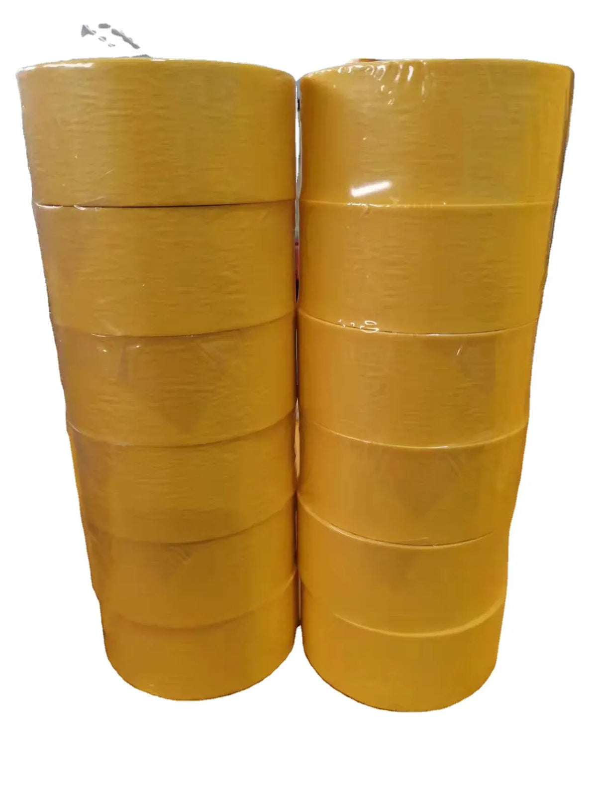 Yellow masking tape rolls bundled together in two stacks