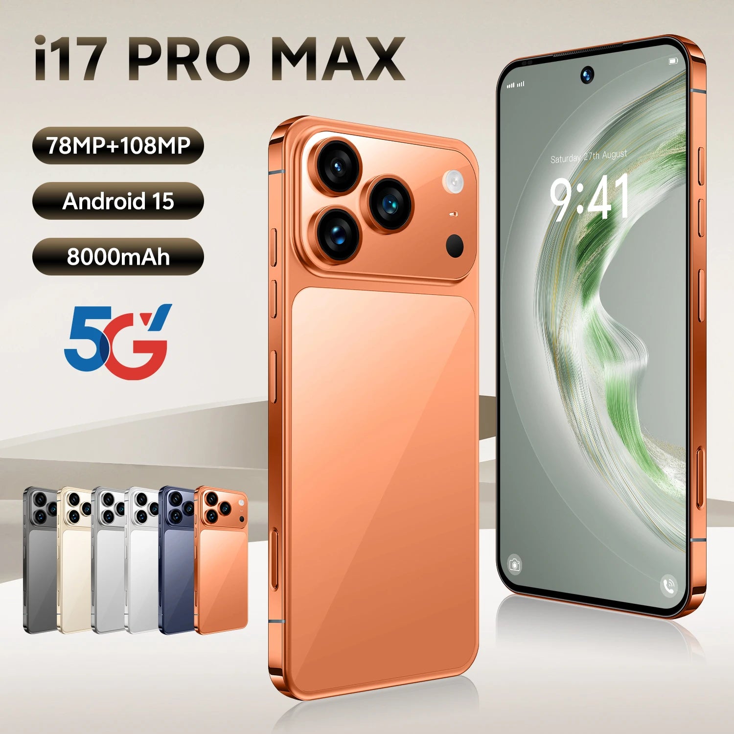 Orange smartphone showing rear triple-camera and front display with 9:41 time